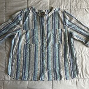 Chicos Blue Striped Metallic Button Down Shirt Sheer Size 3 XL 3/4 Sleeve Blouse